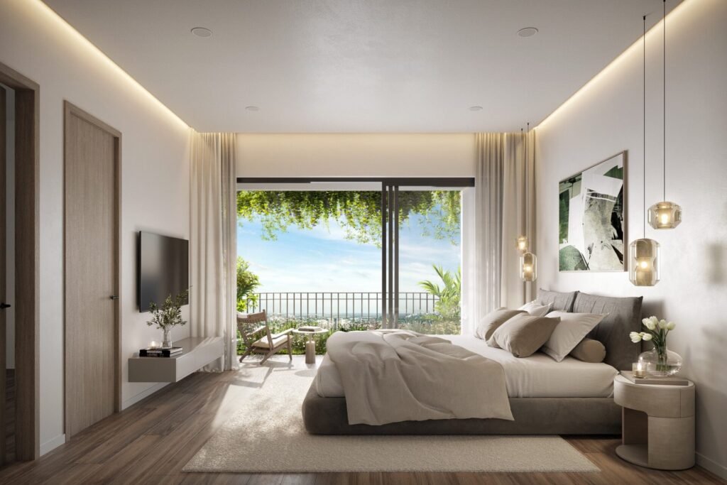 Hệ cửa kính full trần sàn giúp đón trọn ánh sáng tựa nhiên, cùng tầm view đắt giá
